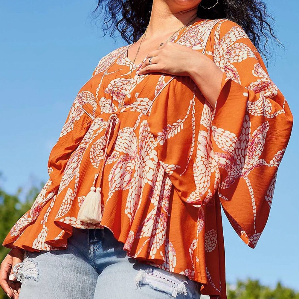 Maurice’s Floral Flounce Sleeve Peplum Top Orange / Ivory V-Neck Blouse Sz‎ 3X